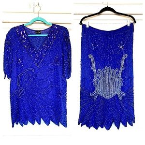 Vintage cobalt blue beaded and sequined 2 piece midi skirt set from Tan Chho 🤩